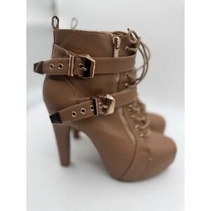 Lace Up Ankle Booties‎ Stiletto High Heel Buckle Accent Tan Size 8